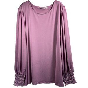 Susan Graver Women's Top Plus 3X Pink Puff Long Sleeves Crochet Cuffs Stretch